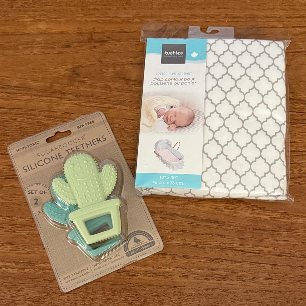 🇨🇦 Made Kushies Bassinet Sheet and Sugarbooger Silicone Cactus Teethers Set